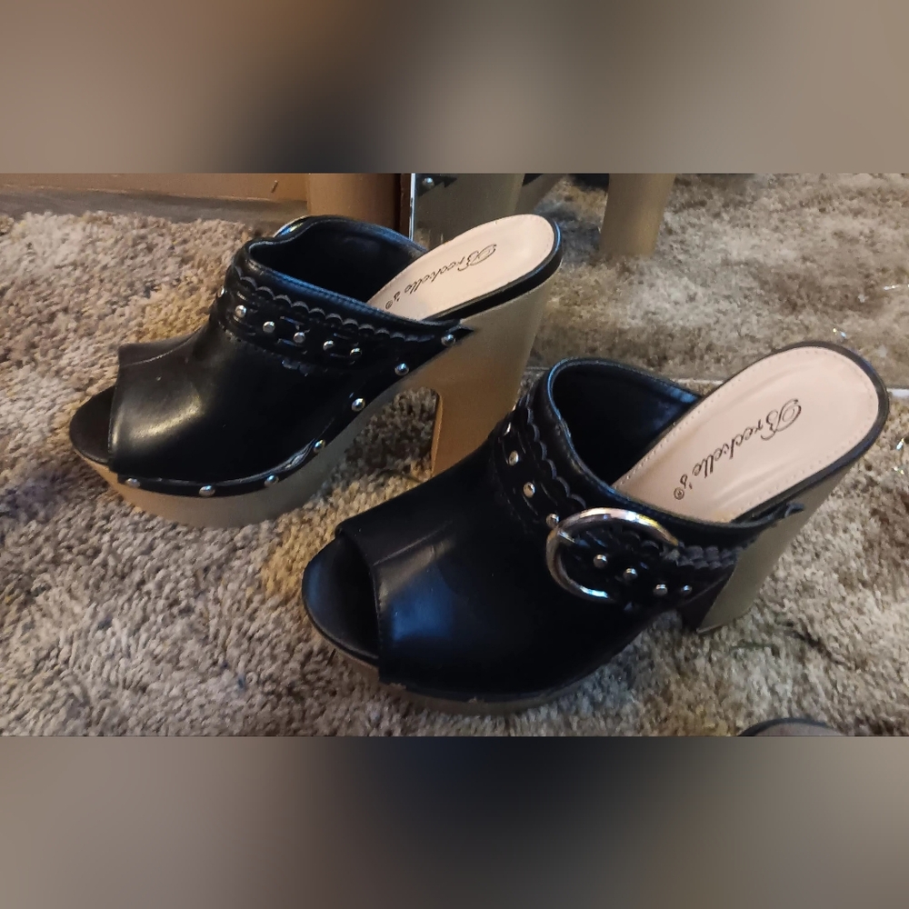 Breckelles Black Leather studded buckeled clogs